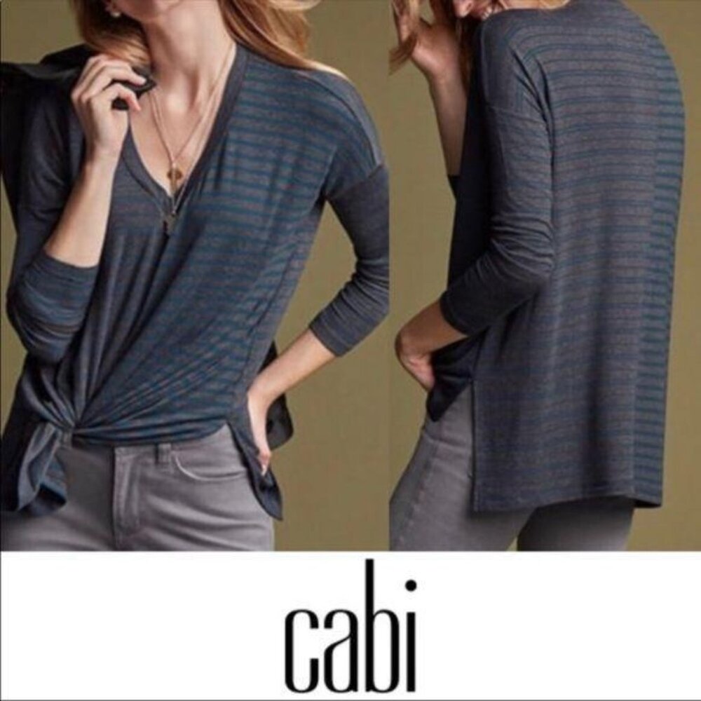 Cabi XS Striped Gray Blue Tee Hybrid Azure Top Long Sleeve V Neck Blouse 3687